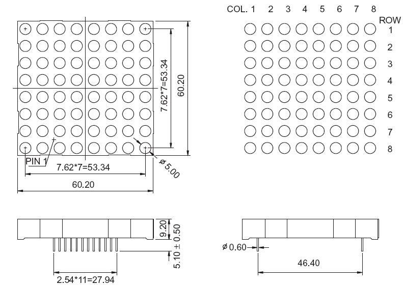 Pantalla LED de matriz de puntos de dos colores de 2,3 pulgadas y 8x8