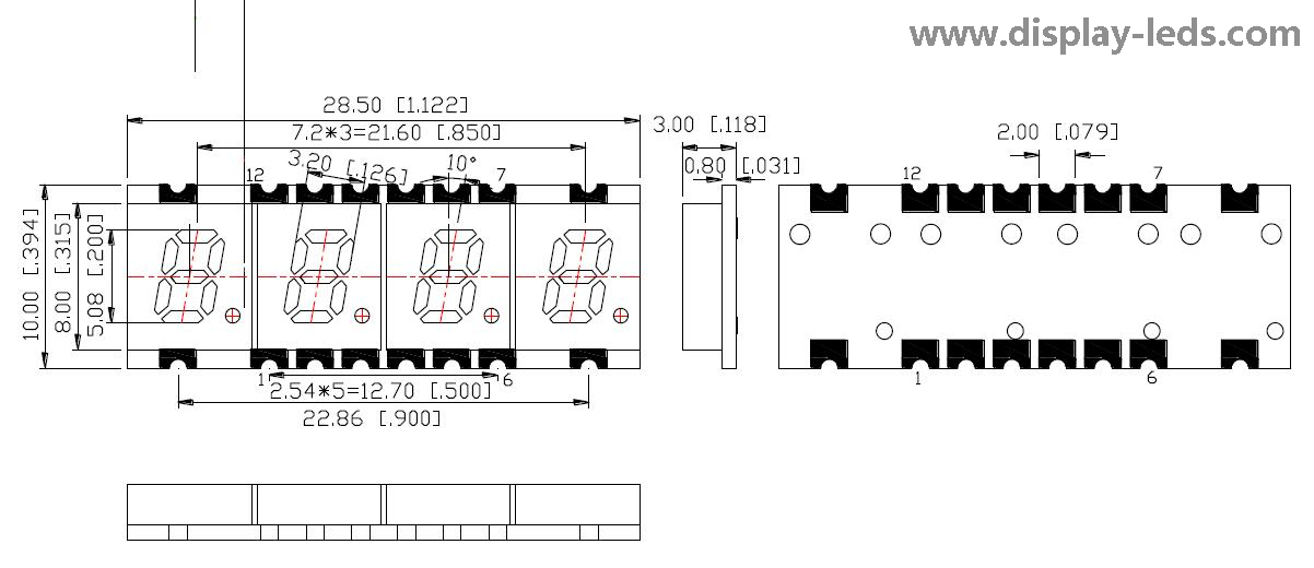 Pantalla SMD de 7 segmentos y cuatro dígitos de 0,2 pulgadas