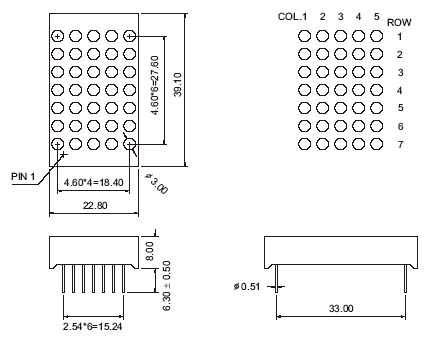 Matriz de puntos LED 5x7 de 1,2 pulgadas con espacios hacia arriba y hacia abajo